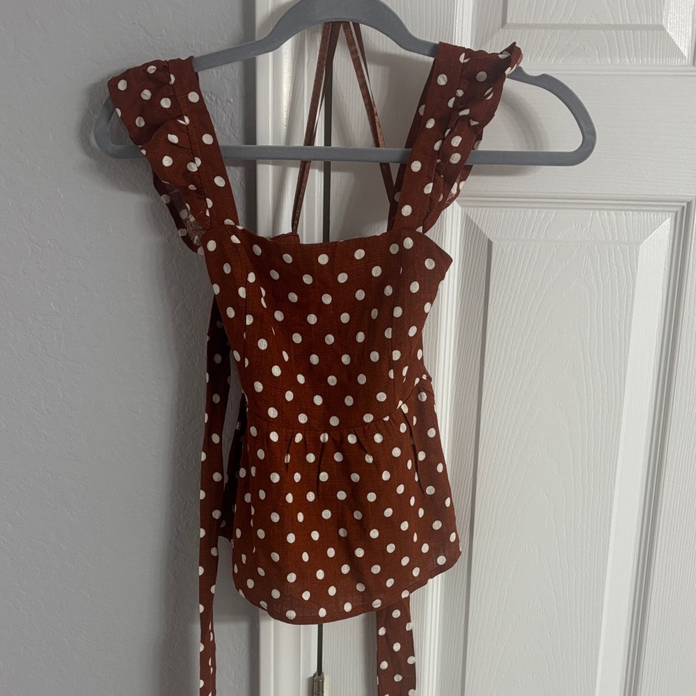 Elegant Polka Dot Ruffle Blouse - Brown and White